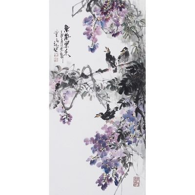 名家手绘国画字画写意水墨花鸟画客厅装饰三尺竖幅v紫藤紫气东来
