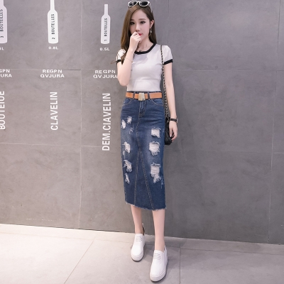 牛仔长裙后开叉直筒图片