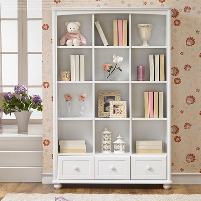 白色实木书柜储物柜展示柜收纳柜韩式田园儿童落地书橱书架实木柜