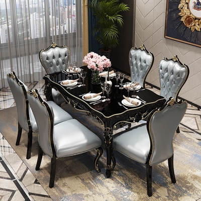 简欧式黑色实木餐桌椅组合 新古典长方形大理石饭桌4/6人法式家用