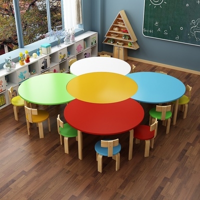 圆形玩游戏学人色蓝写作业多生u型d幼儿园实木桌椅套装早教玩具桌