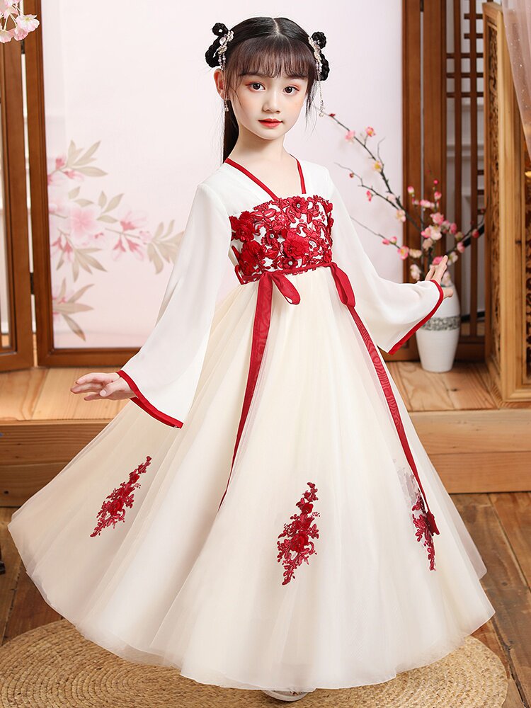 女童春秋汉服2021新款古装唐装儿童超仙裙子大童白色古风春款春夏