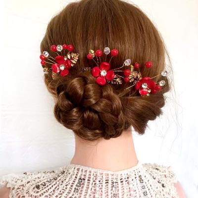 喜婆婆花头花婚礼头戴盘发头饰结婚带花头夹妈妈饰品玫瑰花红色的