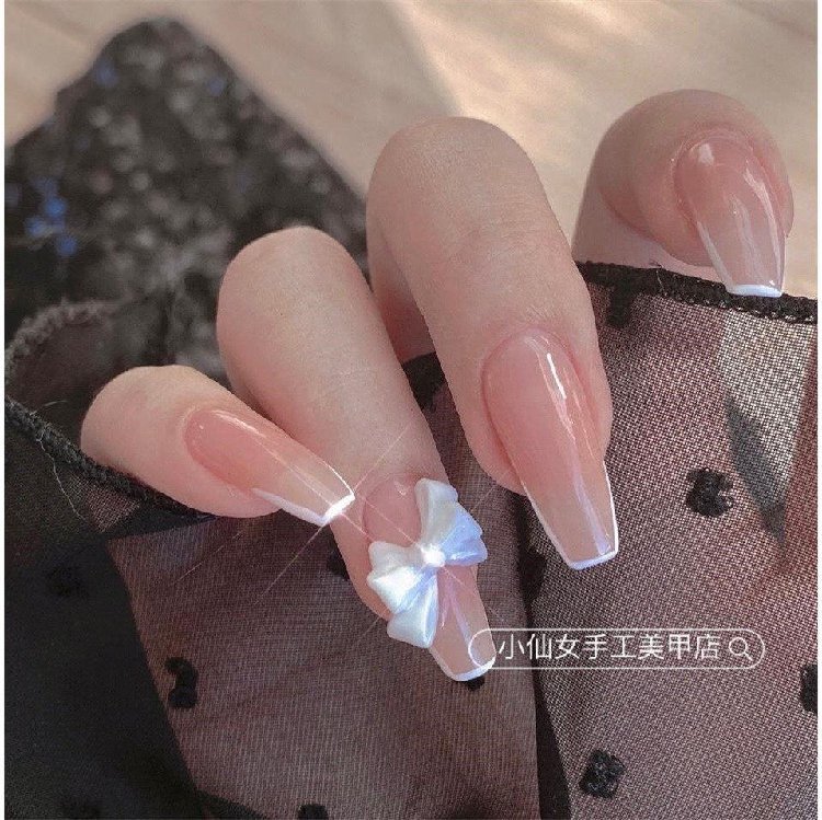 手工甲美甲成品法式蝴蝶结裸色美甲贴片假指甲穿戴甲防水可拆卸
