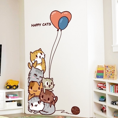 墙贴画大整张房间幼儿园装饰贴纸卡通可爱猫咪门贴卧室墙上贴画