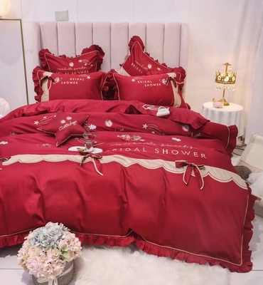 新婚床品四件套全棉纯棉结婚用红色婚庆新娘绣花被套蝴蝶结韩式.