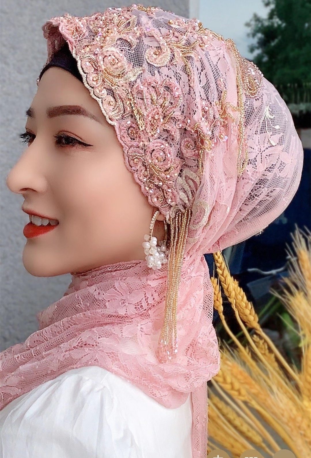 蕾丝披肩头巾帽盖头女回新款流苏马来款长巾包头帽子款纱巾夏围巾