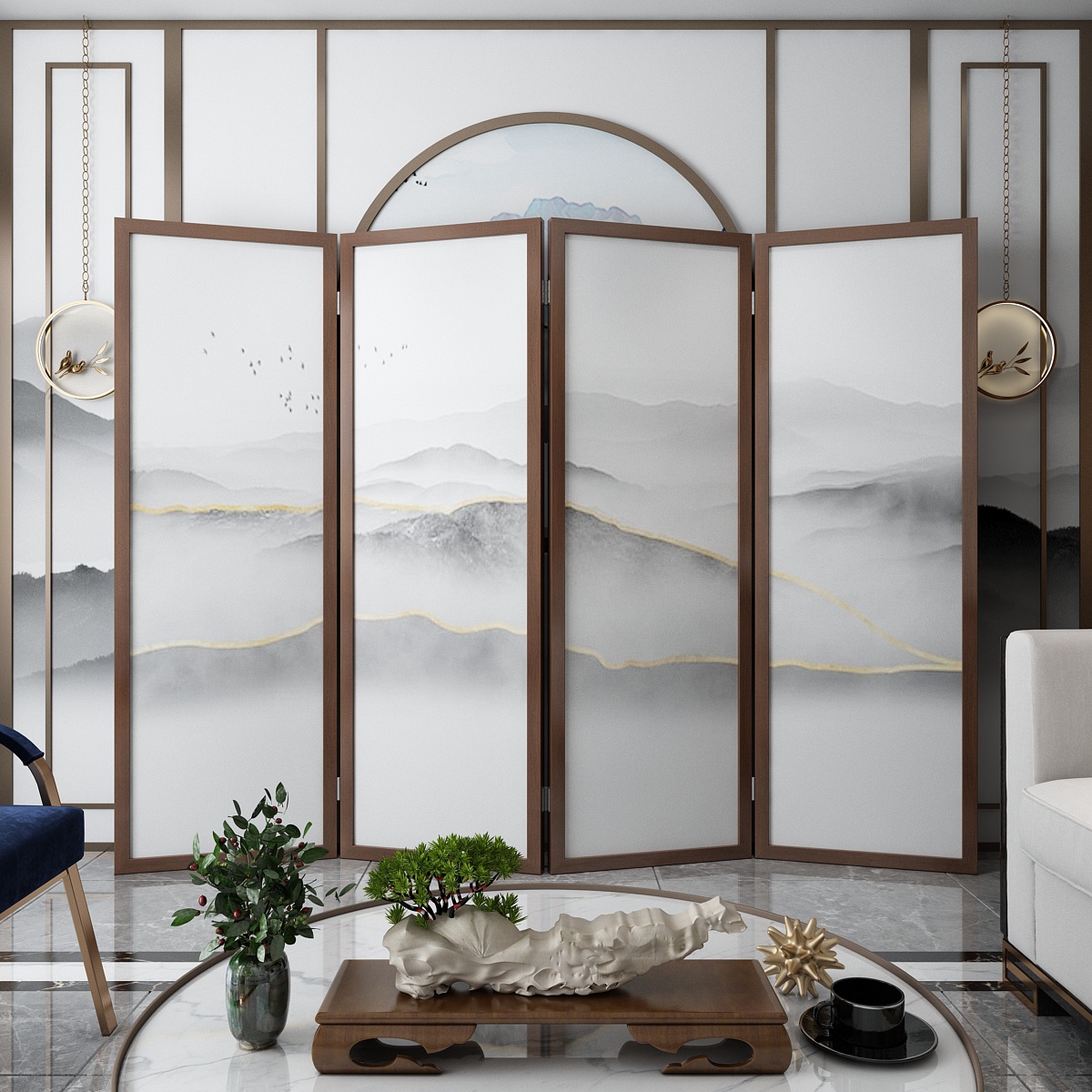 新中式屏风隔断客厅时尚简约现代办公室定制实木玄关山水水墨折屏