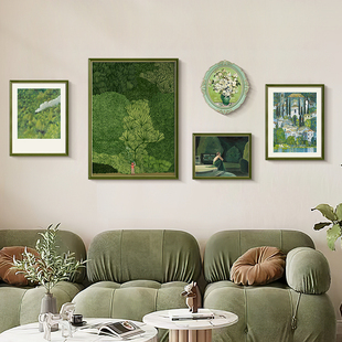 小清新原木风客厅装饰画沙发背景墙挂画现代轻奢绿色壁画风景画