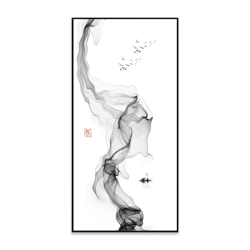 新中式入户玄关装饰画黑白线条招财风水壁画u走廊竖版抽象轻奢挂