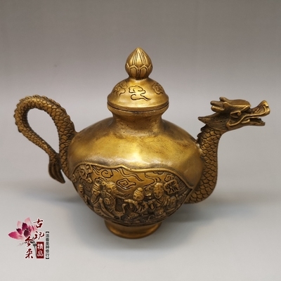 仿古纯铜龙壶摆件大号八仙赐福酒壶u香到仙壶工艺品古玩杂项收藏