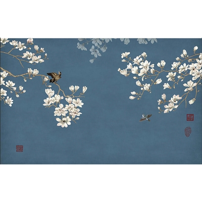 电视机背景墙壁纸中式客厅影视古风白兰花墙纸定制壁画无u缝墙布