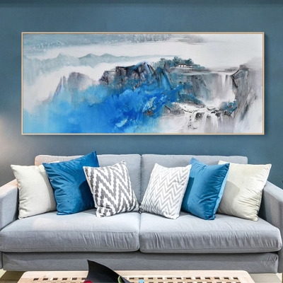 手绘新中式风景山水油画客厅沙发背景墙壁挂画简约大厅厚油装饰画