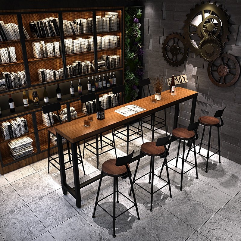 咖啡厅长餐桌椅凳子休闲奶茶店铁艺实木酒吧台高脚靠背桌椅凳组