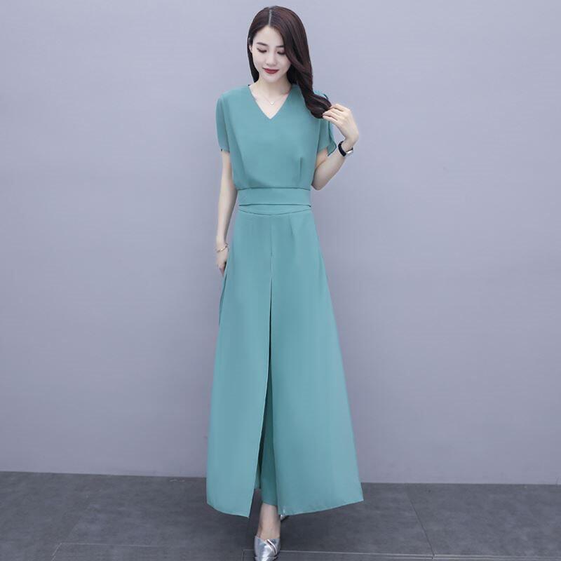 雪纺阔腿裤套装女时尚气质2021夏装新款洋气名媛女神范裙裤两件套