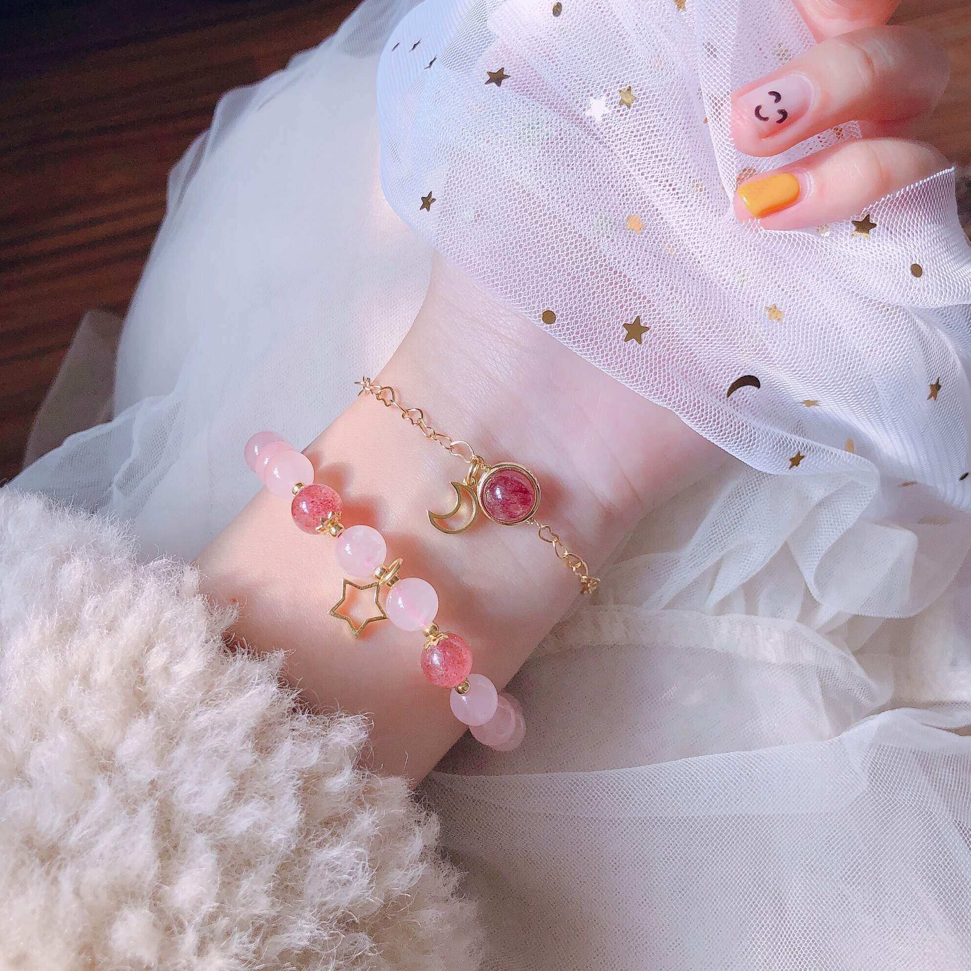 草莓晶手链女招桃花星月双层本命年12星座手串闺蜜粉鸽血红送礼物