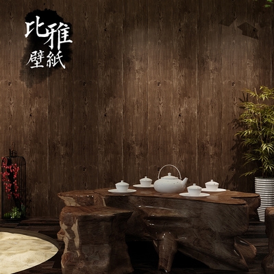 复古木板木纹墙纸工业风中式仿古茶楼餐厅背景饭店壁纸仿木原木色