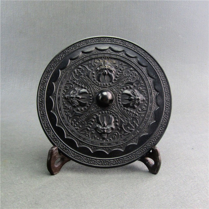 仿古青铜器黑漆古铜镜唐镜艺术古玩摆件水坑高锡装饰镜海兽葡萄镜