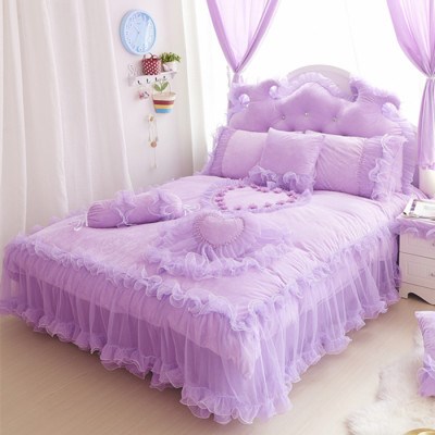 冬季韩版珊瑚绒公主风四件套双面绒蕾丝紫色床上1.8m2.0m床裙被.