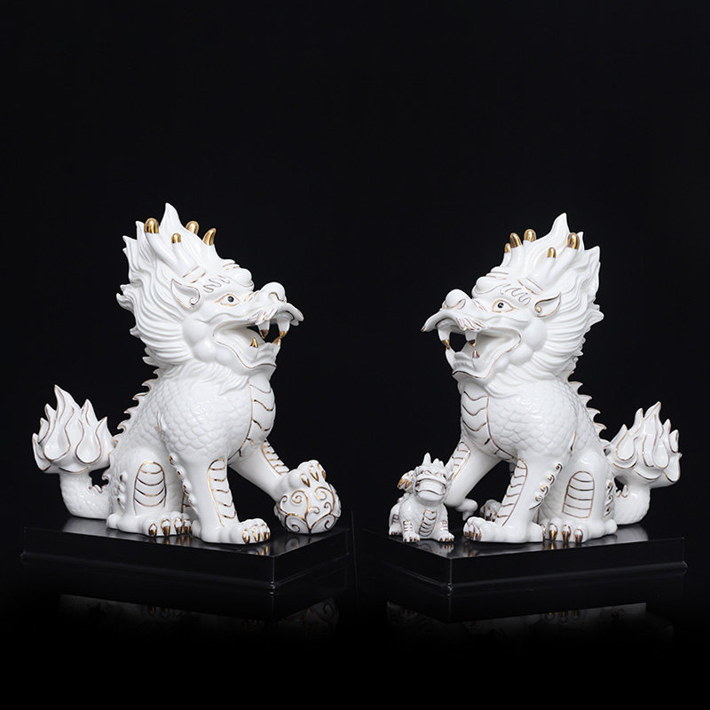 陶瓷白麒麟摆件一对镇宅招财办公室卧室送子客厅家用店铺开业礼品