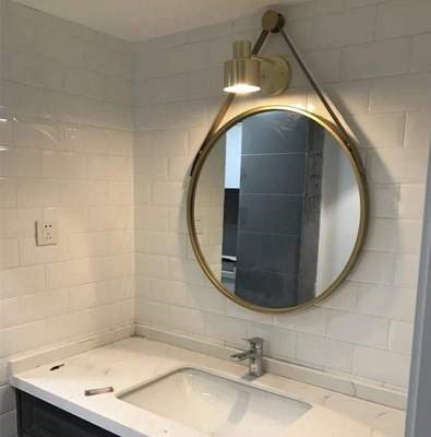 浴室梳妆镜镜子圆形卫生间样板间壁挂挂钩式洗手间白边不生锈打孔