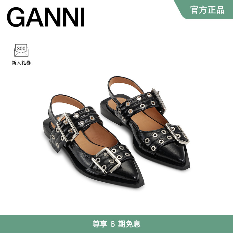 【明星同款】GANNI黑色皮革带扣露跟摇滚芭蕾鞋单鞋凉鞋 S2178099