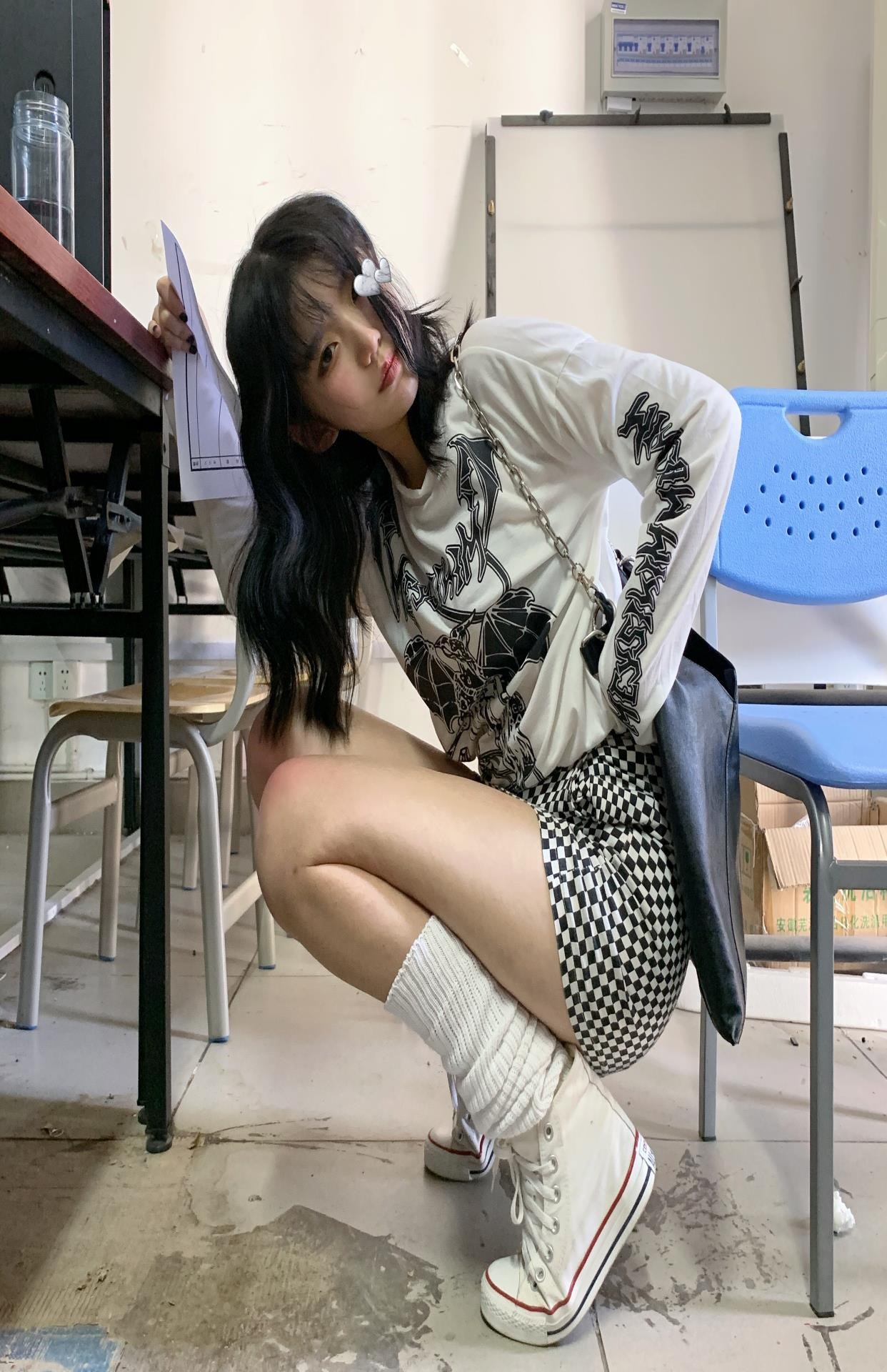 兔杀陷阱/黑白棋盘格子短裙女2020年春夏季原宿辣妹高腰包臀a字裙