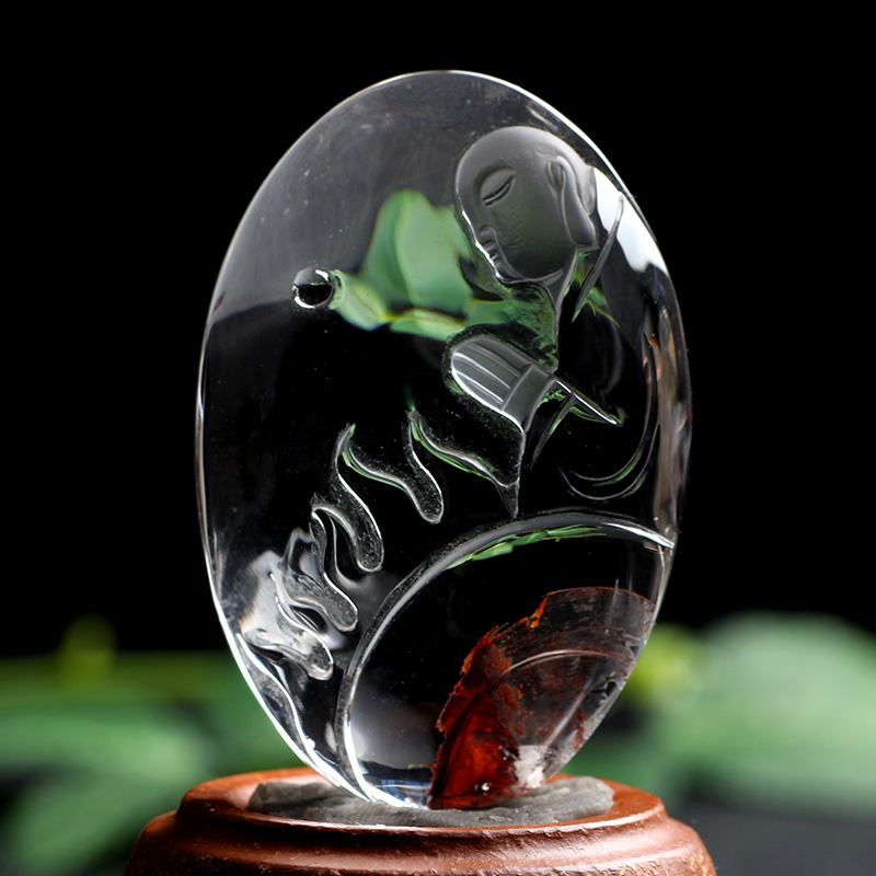 天然白水晶红胶花悟道吊坠男女项链一心向佛挂件问道参禅水晶挂坠