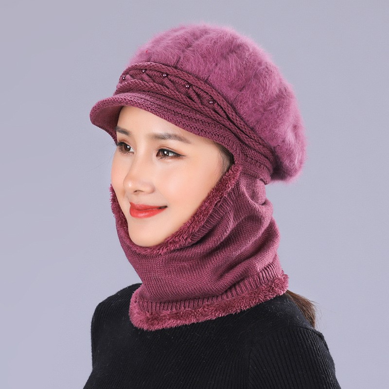 中老年帽子女秋冬季毛线连体一体围巾百搭保暖冬天老人妈妈骑车帽