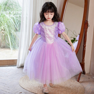 女童夏款公主礼服连衣裙儿童洋气生日泡泡袖六一表演蓬蓬纱公主裙