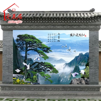 室外庭院山水风景瓷砖壁画客厅装饰农村e迎门墙照壁墙砖迎客松背