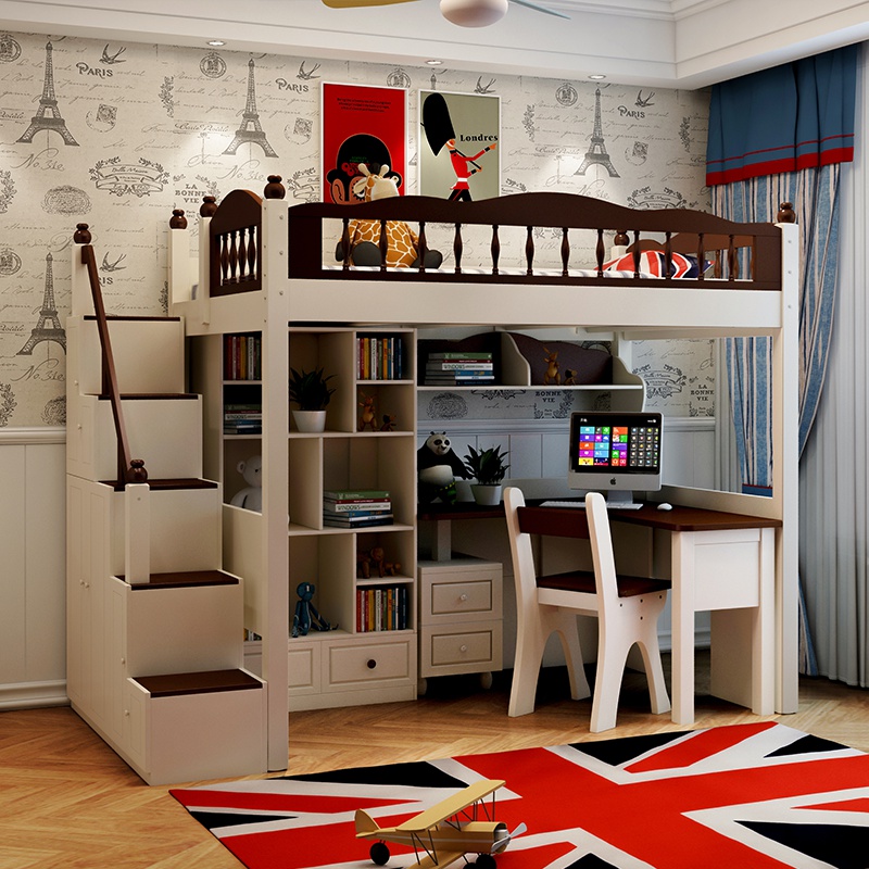 美式多功能儿童床组合床带书桌书柜一体床小户型上床下书桌高低床