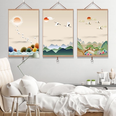 日式和风餐厅挂画客厅浮世绘禅意仙鹤装饰画小清新卷轴丝绸画三联
