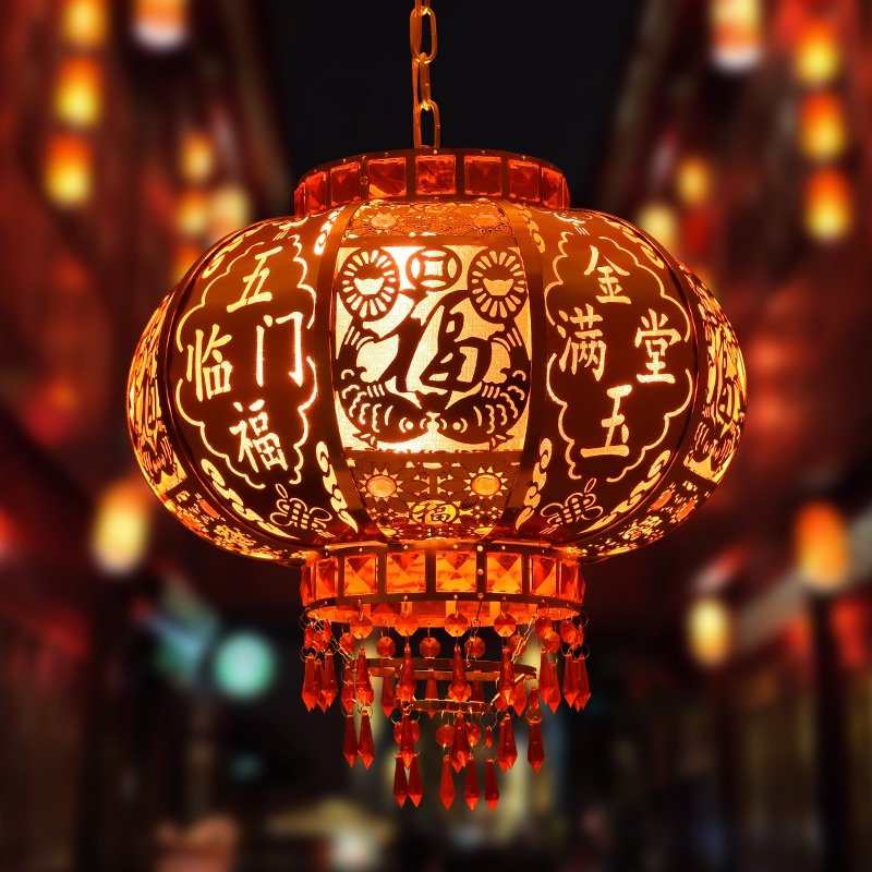 现代阳台大门灯笼旋转走马灯春节乔迁插电led大红灯笼挂饰户外