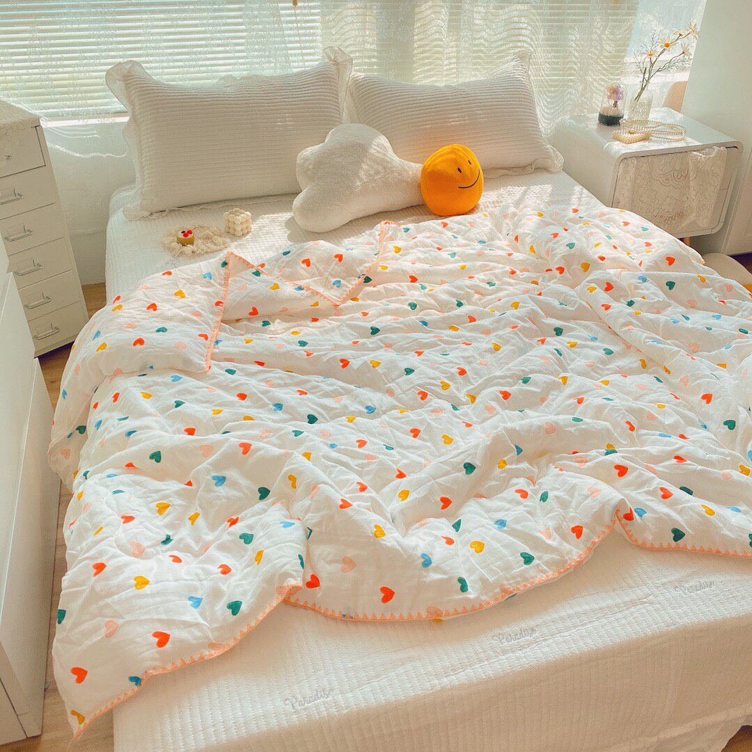 (今日10折)ins双层纱爱心夏凉被可水洗超柔软裸睡全棉纯棉夏季薄被子