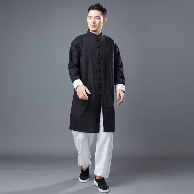 正品春秋新款太极服男中式棉麻立领风衣中长款武术练功服外套休闲