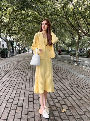 黄色针织连衣裙女秋季打底裙长袖洋气秋冬穿搭女毛衣配裙子两件套