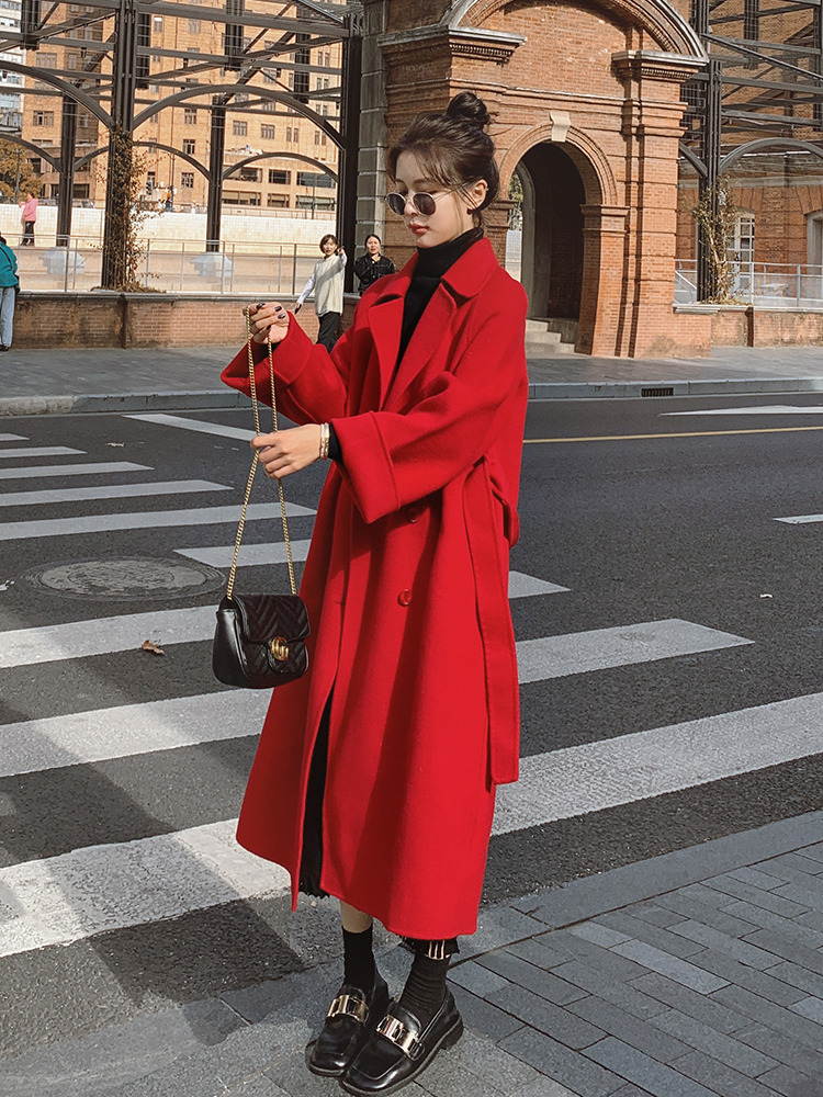红色呢子大衣女中长款过膝秋冬季新款韩系爆款加厚毛呢西装外套潮