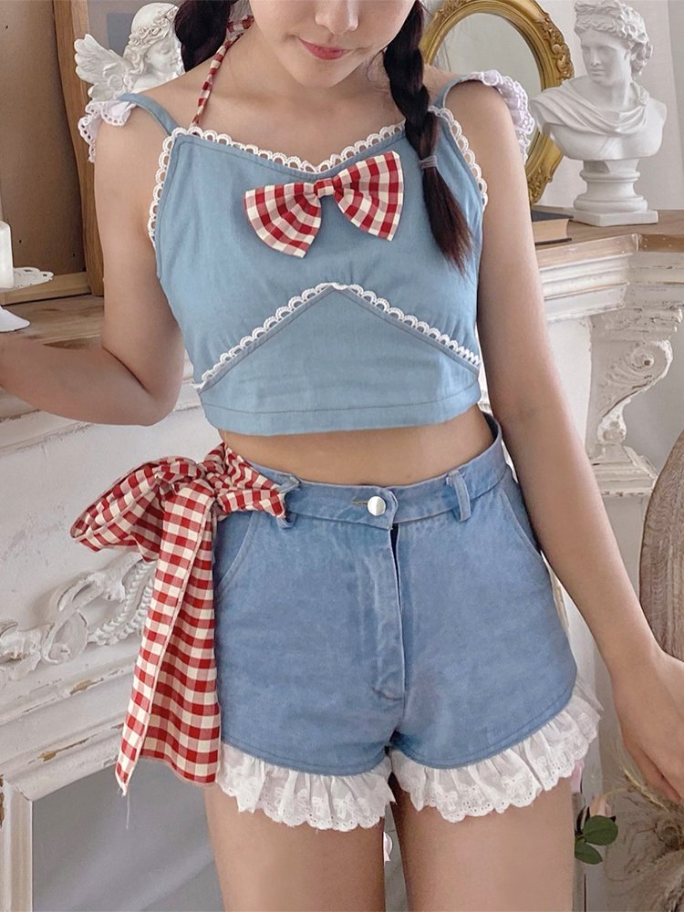 酸奶了设计牛仔裤短裤女2021年新款夏季半藏森林高腰蕾丝花边裤子