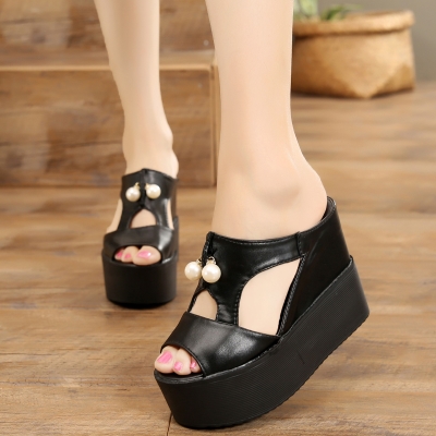 女士坡跟凉拖鞋厚底松糕拖白色图片