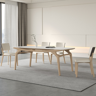 奶油风原木白蜡木实木岩板餐桌简约现代北欧纯白色哑光面巨蟹餐桌