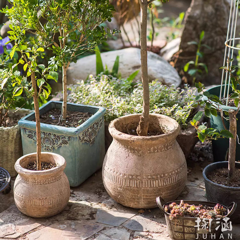 复古陶罐花盆艺术陶盆粗陶透气陶土陶瓷花盆土陶红陶花园装饰摆件