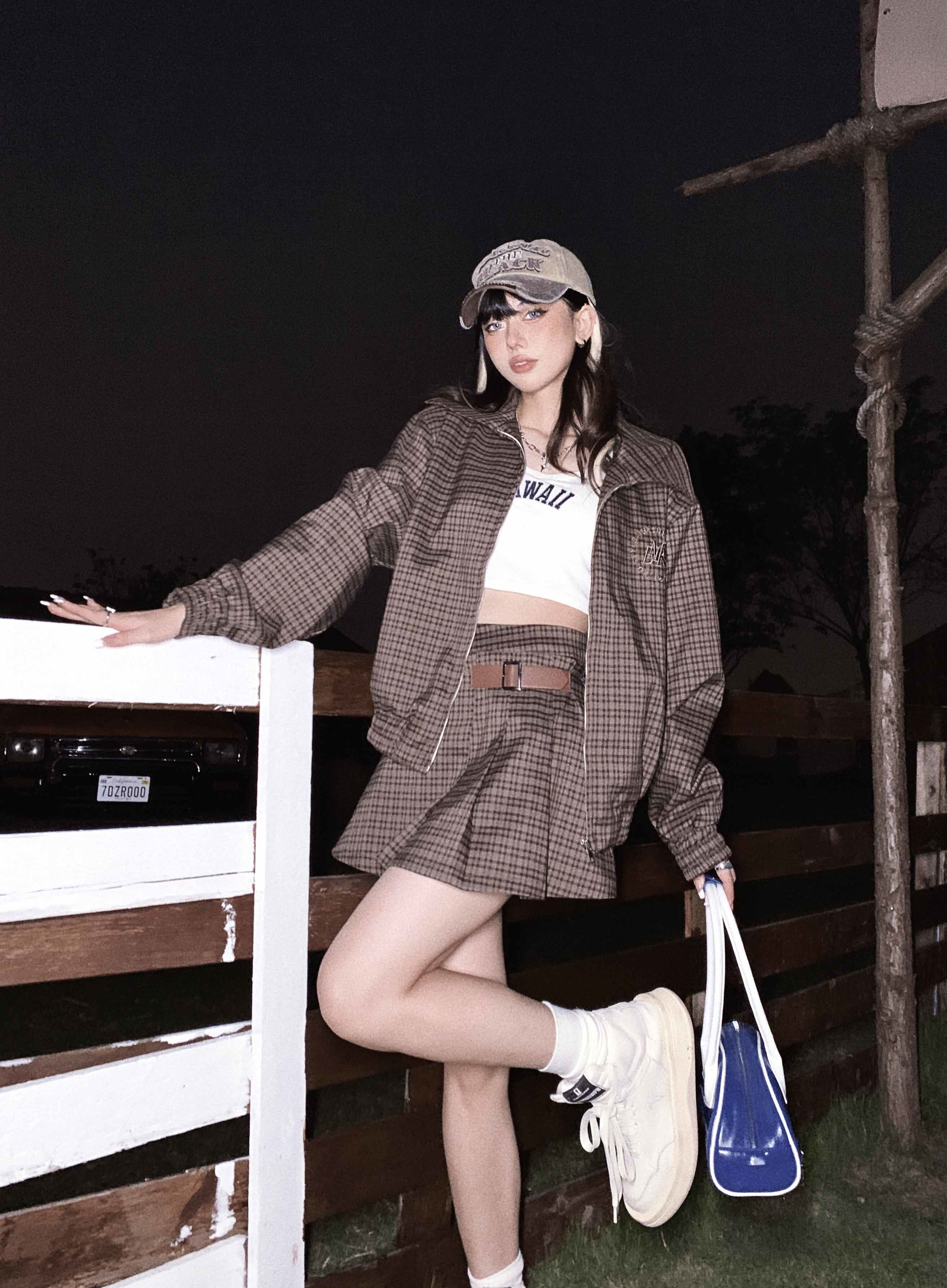 kaoka美式复古小个子炸街套装裙女格子长袖拉链外套百褶裙两件套