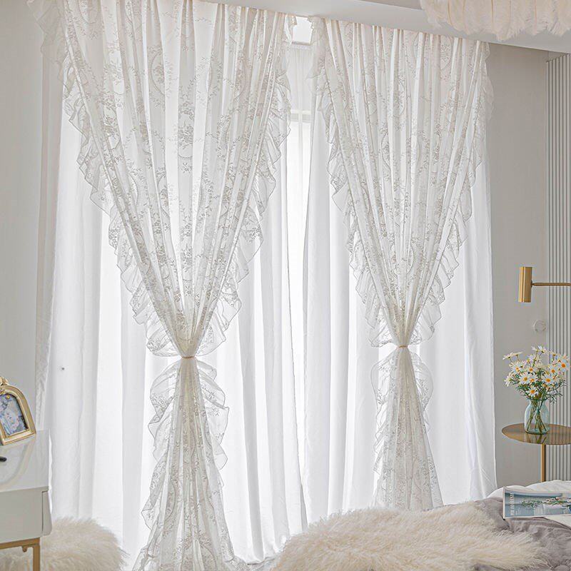复古蕾丝法式纱帘透光不透人双层客厅阳台半遮光窗帘窗纱白色隔断