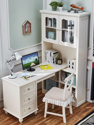 转角书桌和书柜组合家用儿童学生实木卧室写字台带书架电脑桌一体