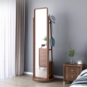 新中式实木穿衣镜轻奢胡桃木衣帽架立式旋转落地置物抽屉全身镜子