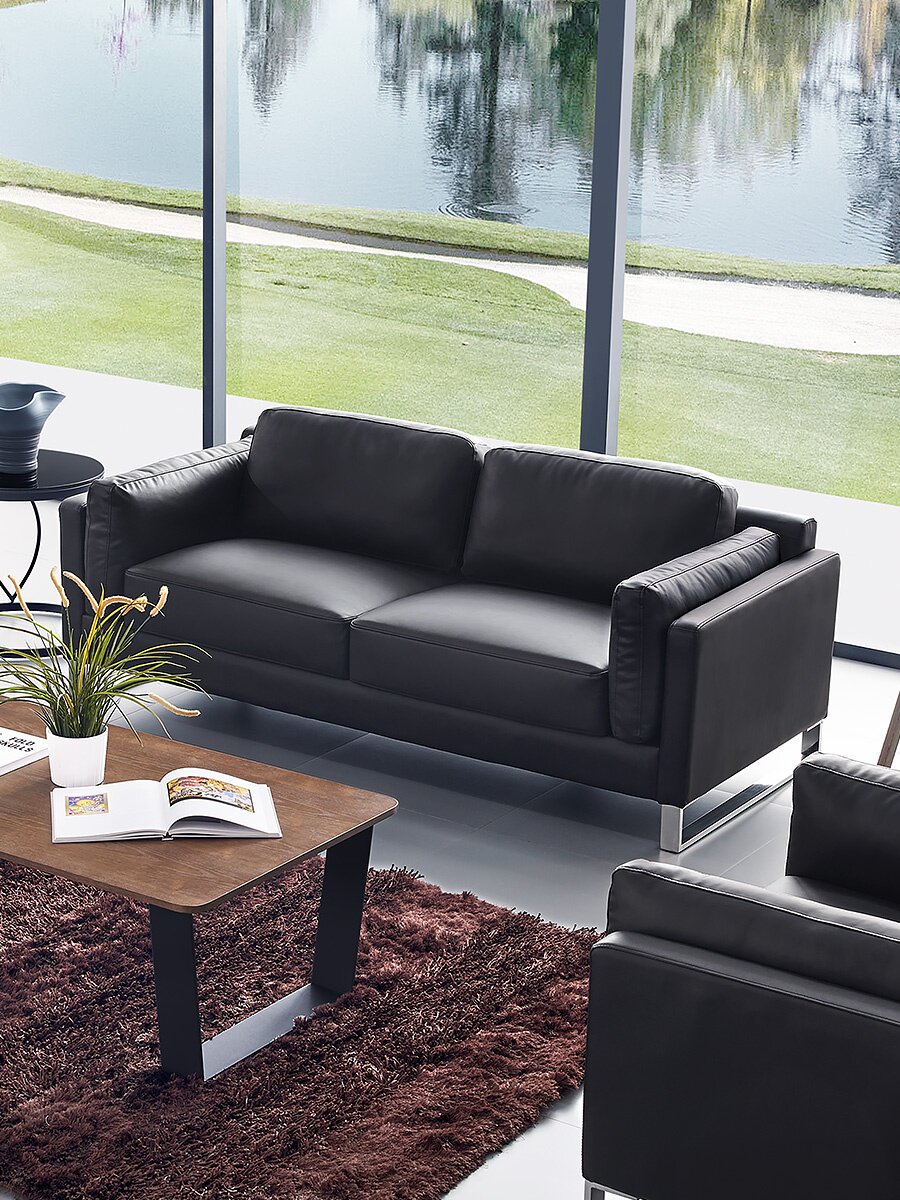 黑色真皮沙发老板办公室三人座位会客接待洽谈区现代简约商务家具