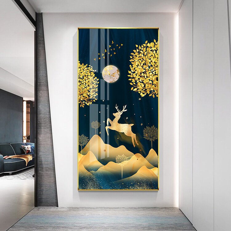 入户玄关轻奢金色装饰画现代简约发财树麋鹿孔雀过道晶瓷墙壁挂画