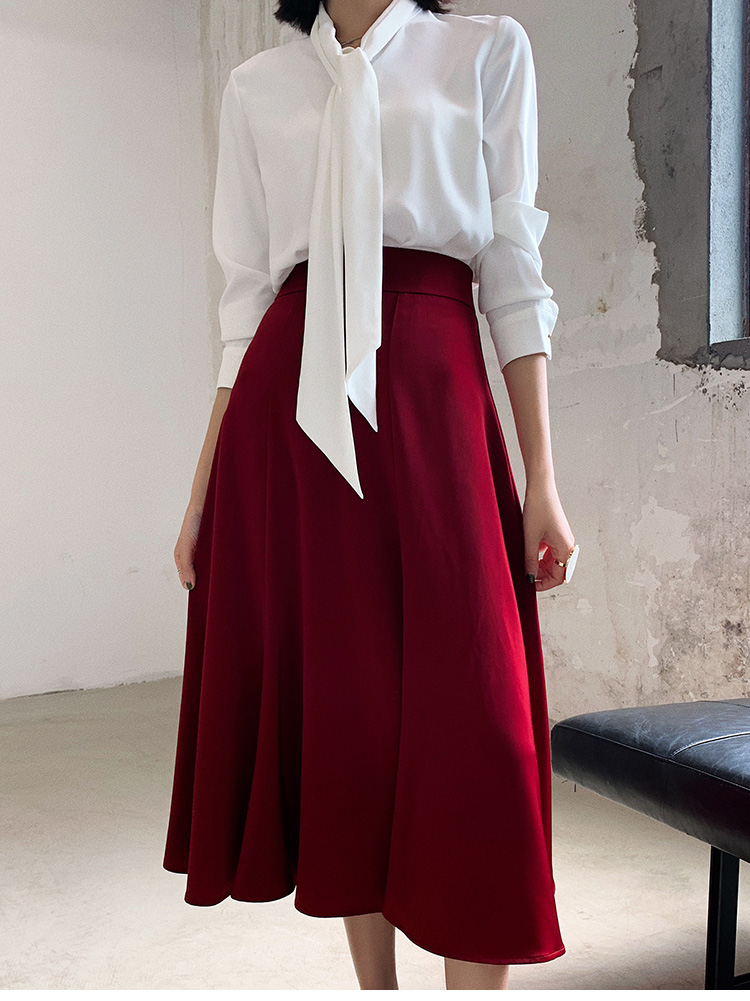 高腰显瘦复古多片式过膝酒红色大裙摆半身裙伞裙a型裙缎哑光丝质