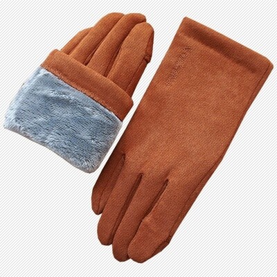 秋冬季男女情侣款加绒露指翻指触屏加厚保暖骑行麂皮绒手套 - 致白